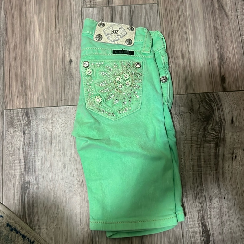 Kids Miss Me Blingy Green Bermuda Jean Shorts - Size 7